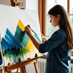 A person in a natural pose, fully clothed in modest art studio attire, deeply focused and experiencing a "flow" state while painting on a canvas. The scene is a peaceful, well-lit home art studio corner with soft natural light streaming in from a window. A wooden easel holds the canvas with abstract or serene landscape art in progress. A palette with vibrant, well-mixed colors and an assortment of brushes are visible. The atmosphere is tranquil and immersive. Professional photography, high detail, perfect anatomy, correct proportions, natural pose, well-formed hands, proper finger count, natural body proportions. Safe for work, appropriate content, fully clothed, modest clothing, family-friendly.