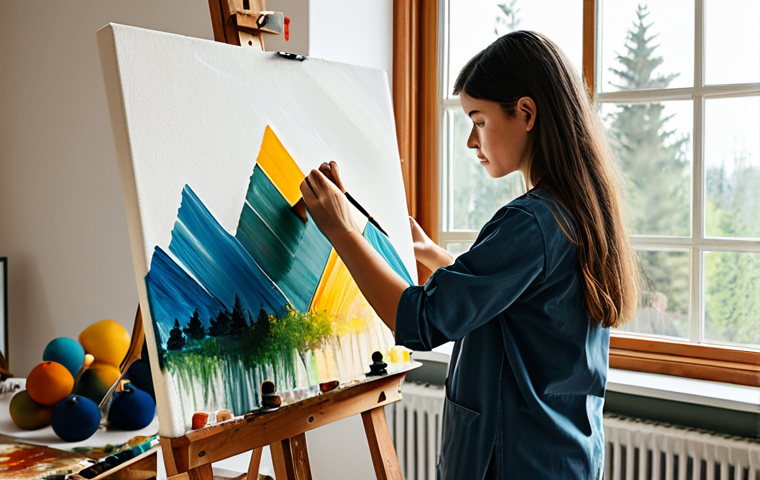 A person in a natural pose, fully clothed in modest art studio attire, deeply focused and experiencing a "flow" state while painting on a canvas. The scene is a peaceful, well-lit home art studio corner with soft natural light streaming in from a window. A wooden easel holds the canvas with abstract or serene landscape art in progress. A palette with vibrant, well-mixed colors and an assortment of brushes are visible. The atmosphere is tranquil and immersive. Professional photography, high detail, perfect anatomy, correct proportions, natural pose, well-formed hands, proper finger count, natural body proportions. Safe for work, appropriate content, fully clothed, modest clothing, family-friendly.