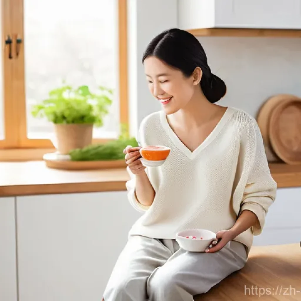 스트레스 해소법  스트레스 제거에 좋은 음식들 - **Prompt:** A tranquil and happy young woman, dressed in comfortable yet stylish loungewear (such as...