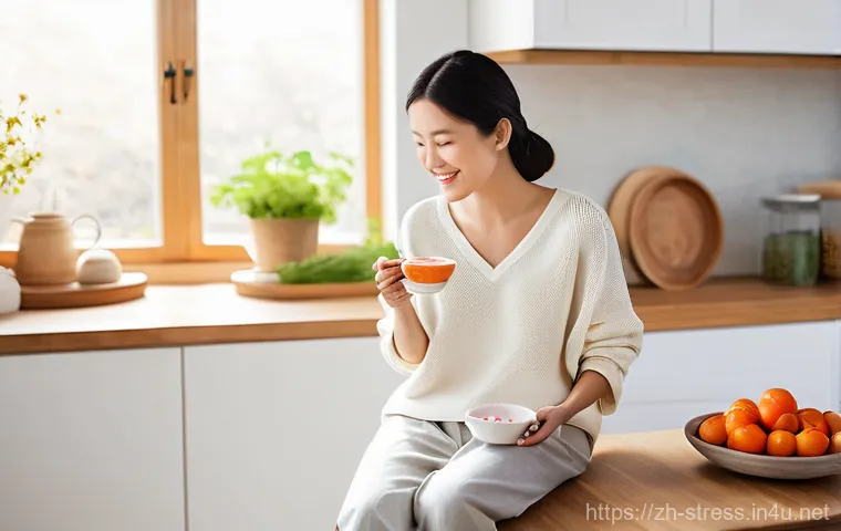 스트레스 해소법  스트레스 제거에 좋은 음식들 - **Prompt:** A tranquil and happy young woman, dressed in comfortable yet stylish loungewear (such as...