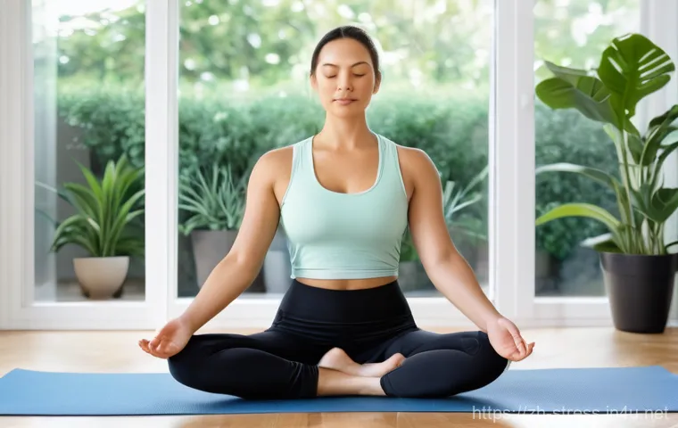 스트레스 해소를 위한 재활 운동 - **Prompt:** A person (gender-neutral, 30s), wearing comfortable and modest activewear (such as yoga ...