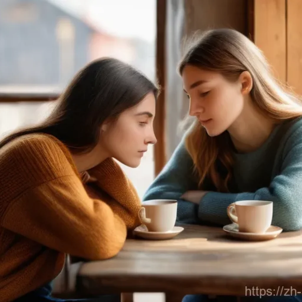 스트레스 해소를 위한 긍정적 에너지 - A warm and comforting scene depicting two young women, both wearing casual yet modest attire such as...