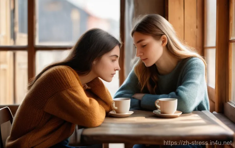 스트레스 해소를 위한 긍정적 에너지 - A warm and comforting scene depicting two young women, both wearing casual yet modest attire such as...