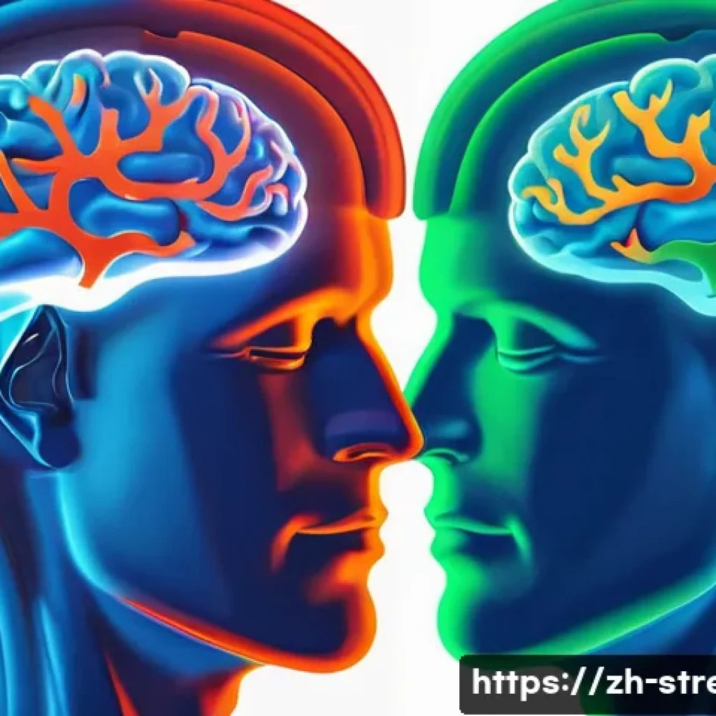 스트레스 해소를 위한 뇌과학적 접근 - **Prompt:** A split image showing the contrast between a stressed brain and a mindful brain. On the ...