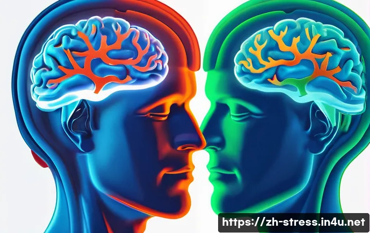 스트레스 해소를 위한 뇌과학적 접근 - **Prompt:** A split image showing the contrast between a stressed brain and a mindful brain. On the ...
