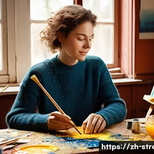 스트레스 해소를 위한 아트 테라피 - **"A serene woman in her late 20s is sitting comfortably in a well-lit home art studio, wearing a ca...