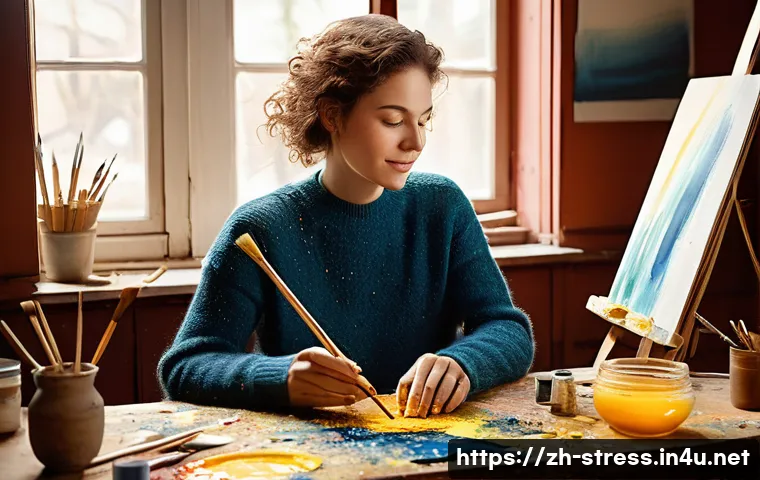 스트레스 해소를 위한 아트 테라피 - **"A serene woman in her late 20s is sitting comfortably in a well-lit home art studio, wearing a ca...
