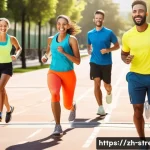 직장인 스트레스 해소법 - A vibrant urban park scene featuring a diverse group of young professionals engaging in various aero...