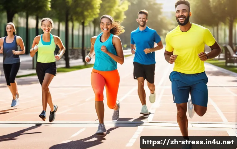 직장인 스트레스 해소법 - A vibrant urban park scene featuring a diverse group of young professionals engaging in various aero...