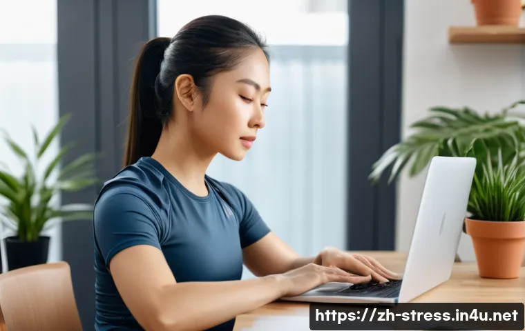 스트레스 해소를 위한 스트레칭 운동법 - A serene indoor scene showing a young Asian woman in comfortable workout clothes performing gentle s...