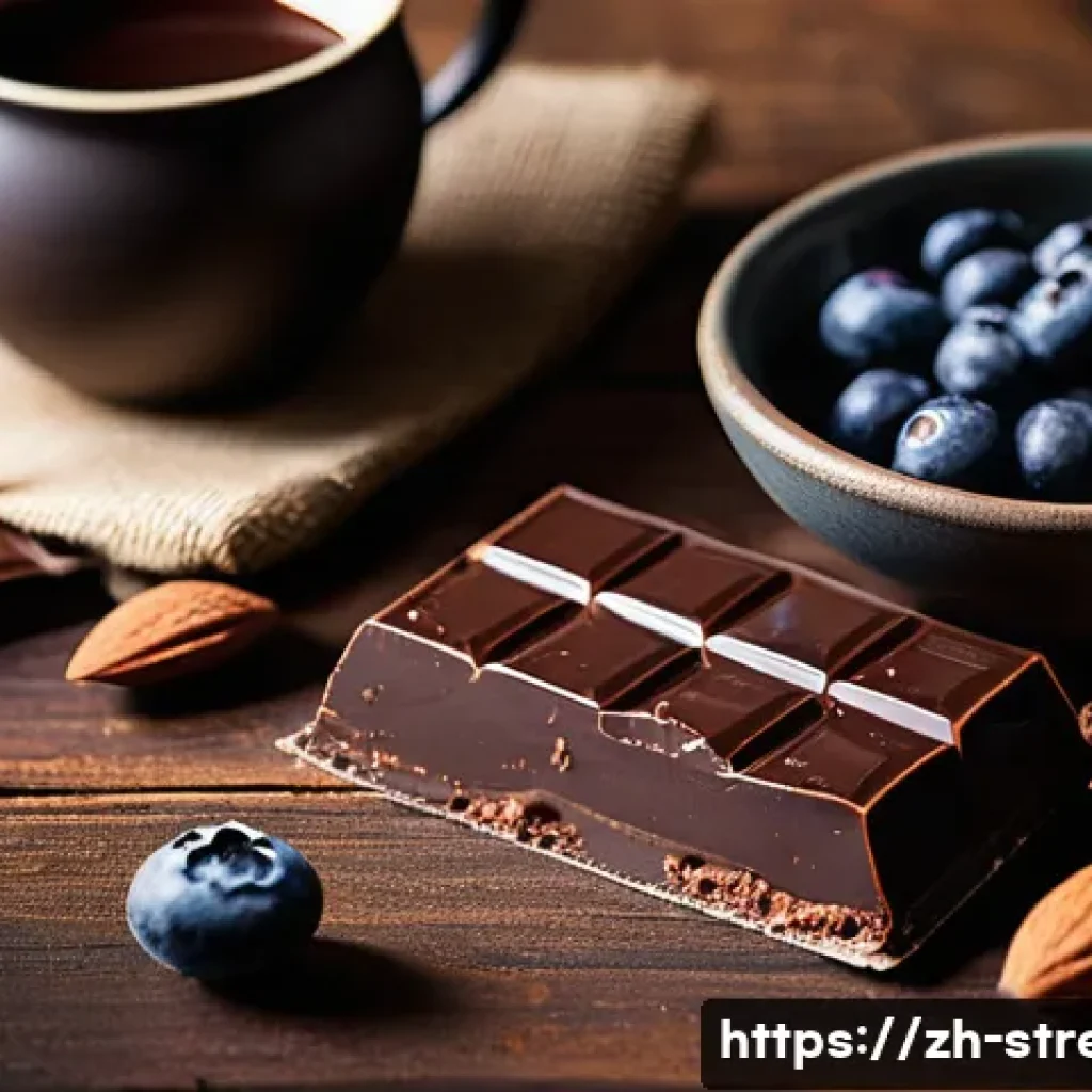 스트레스 해소에 좋은 음식   다크 초콜릿 - A close-up scene of a sophisticated dark chocolate bar with visible high cocoa content (70% or more)...