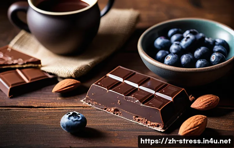 스트레스 해소에 좋은 음식   다크 초콜릿 - A close-up scene of a sophisticated dark chocolate bar with visible high cocoa content (70% or more)...