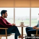 스트레스 해소법   친구와 대화하기 - A warm, intimate scene of two young adult friends sitting in a quiet, cozy room with soft natural li...