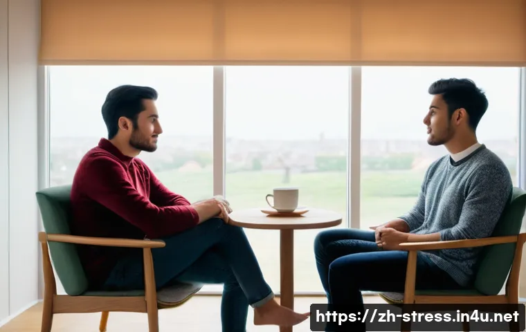 스트레스 해소법   친구와 대화하기 - A warm, intimate scene of two young adult friends sitting in a quiet, cozy room with soft natural li...