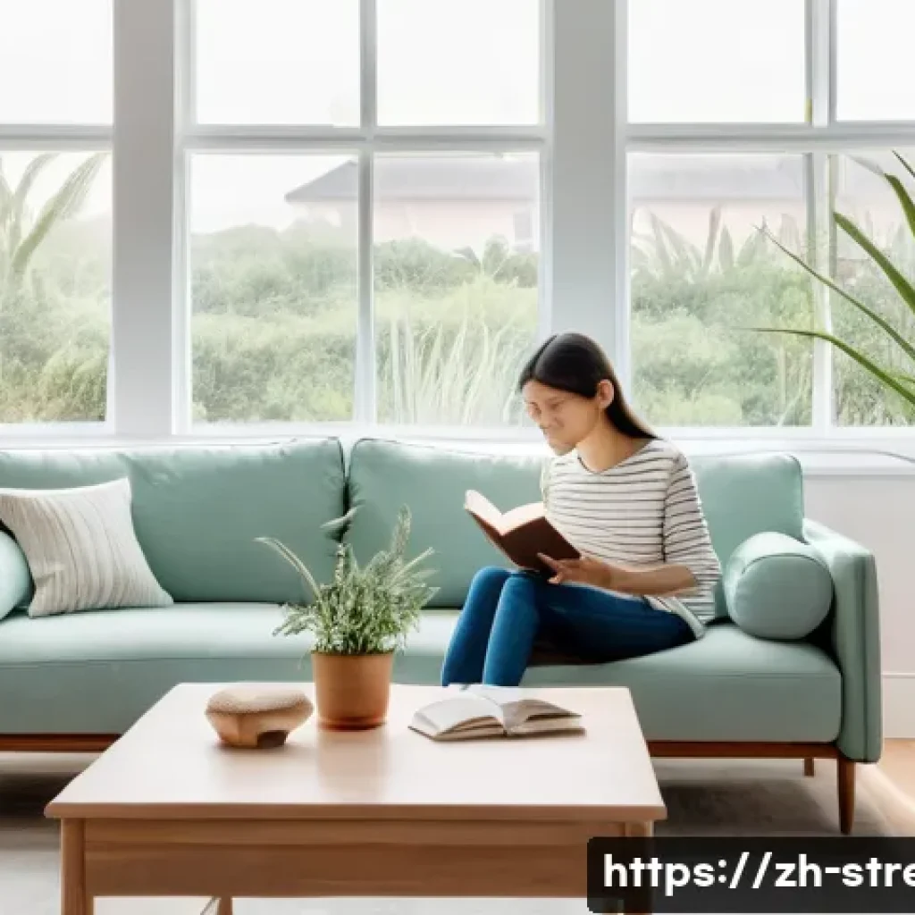스트레스 해소법  온도와 환경 조절하기 - A cozy modern living room bathed in soft natural sunlight streaming through large windows, featuring...