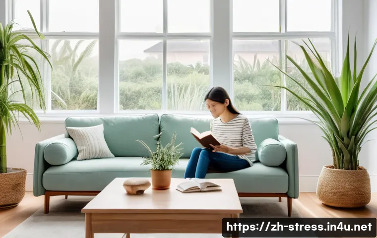 스트레스 해소법  온도와 환경 조절하기 - A cozy modern living room bathed in soft natural sunlight streaming through large windows, featuring...