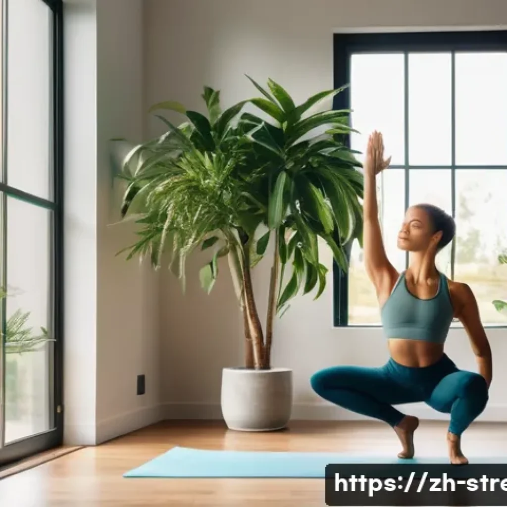 스트레스 해소를 위한 자신만의 취미 찾기 - A serene scene of a young adult woman practicing yoga in a sunlit modern living room, wearing comfor...
