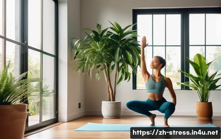 스트레스 해소를 위한 자신만의 취미 찾기 - A serene scene of a young adult woman practicing yoga in a sunlit modern living room, wearing comfor...