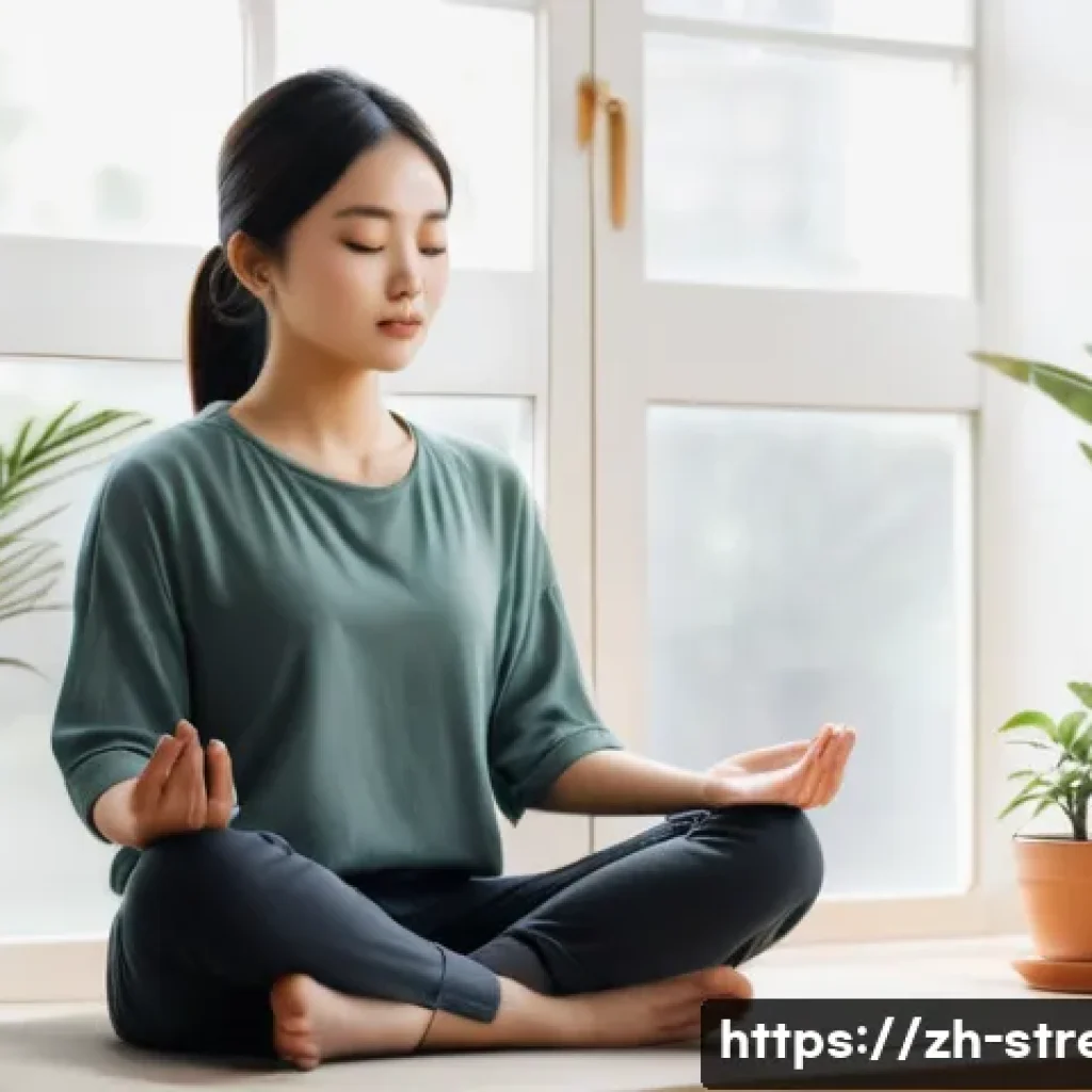 스트레스 해소를 위한 집중력 훈련 - A peaceful modern study room scene featuring a young Chinese adult woman practicing meditation for f...