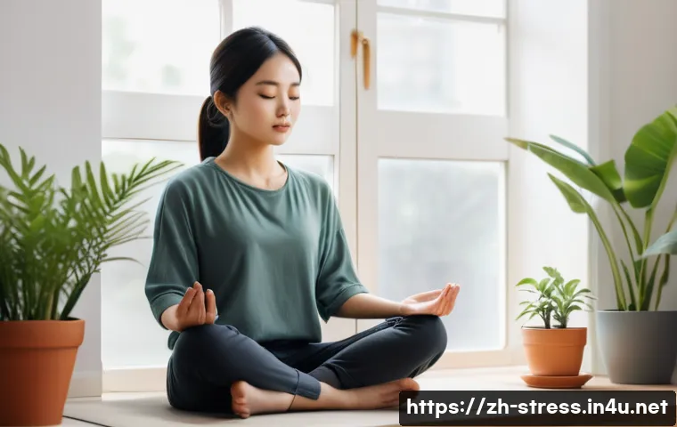 스트레스 해소를 위한 집중력 훈련 - A peaceful modern study room scene featuring a young Chinese adult woman practicing meditation for f...
