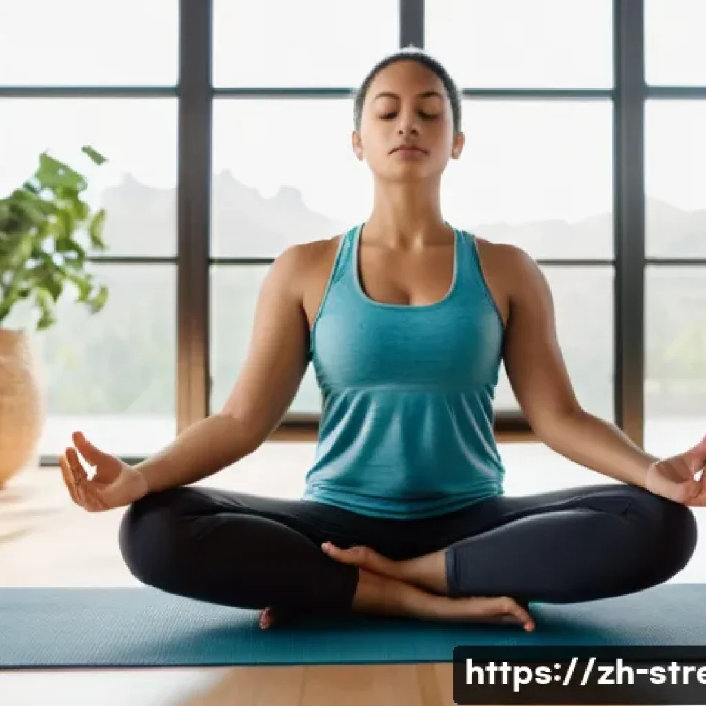 스트레스 해소를 위한 호흡법 - A serene scene of a young adult practicing deep diaphragmatic breathing indoors, sitting cross-legge...