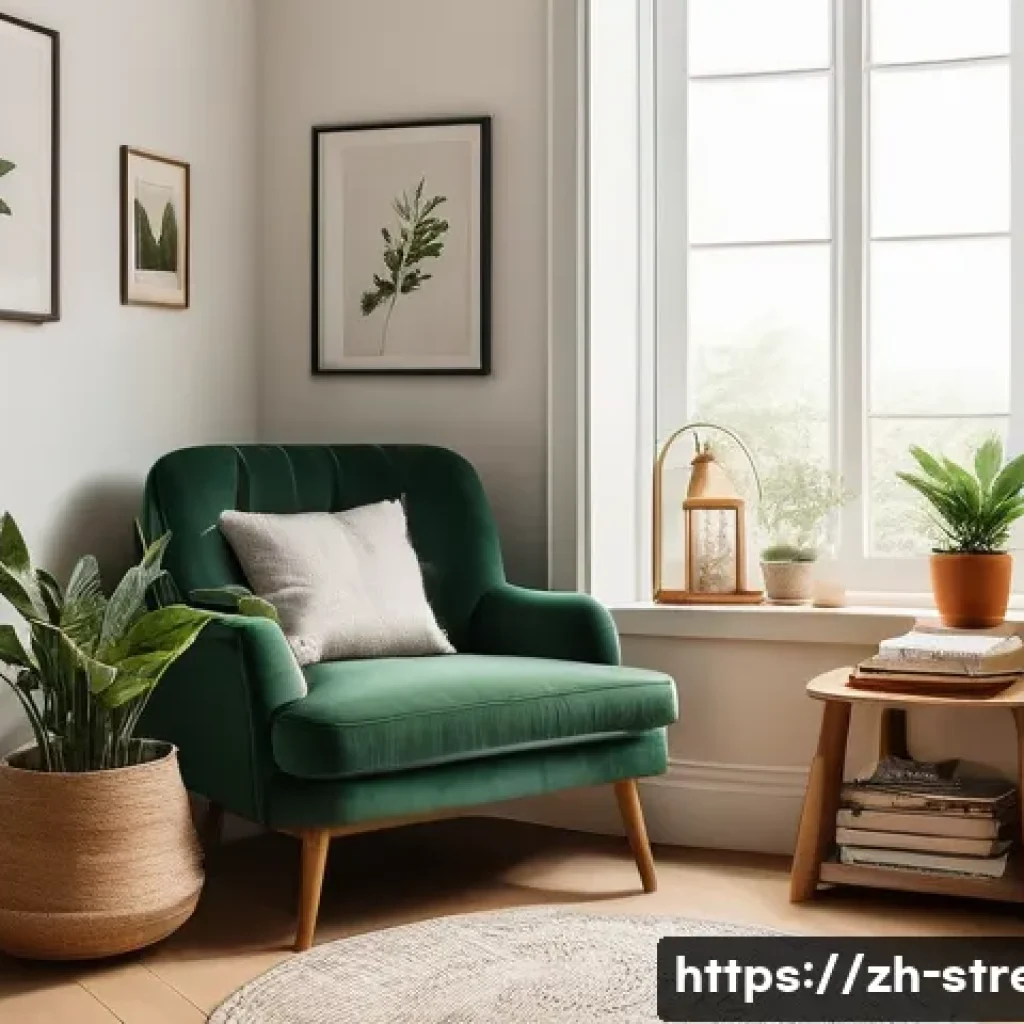 스트레스 해소를 위한 마음의 공간 찾기 - A serene and cozy indoor reading nook bathed in warm soft lighting, featuring a comfortable armchair...