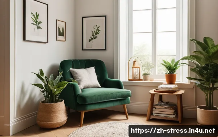스트레스 해소를 위한 마음의 공간 찾기 - A serene and cozy indoor reading nook bathed in warm soft lighting, featuring a comfortable armchair...