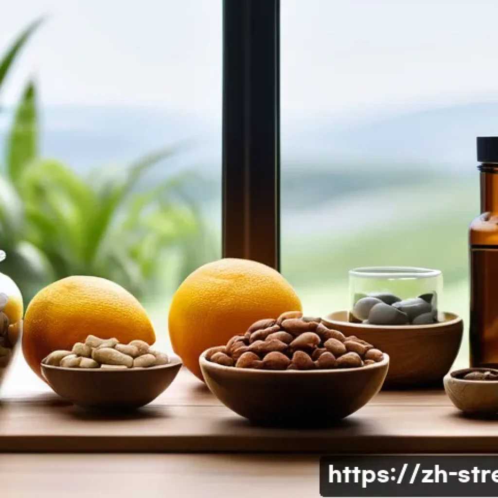 스트레스 해소를 위한 비타민과 보충제 - A serene modern kitchen scene featuring a variety of natural supplements and nutritious foods arrang...