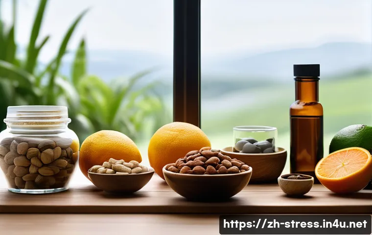 스트레스 해소를 위한 비타민과 보충제 - A serene modern kitchen scene featuring a variety of natural supplements and nutritious foods arrang...
