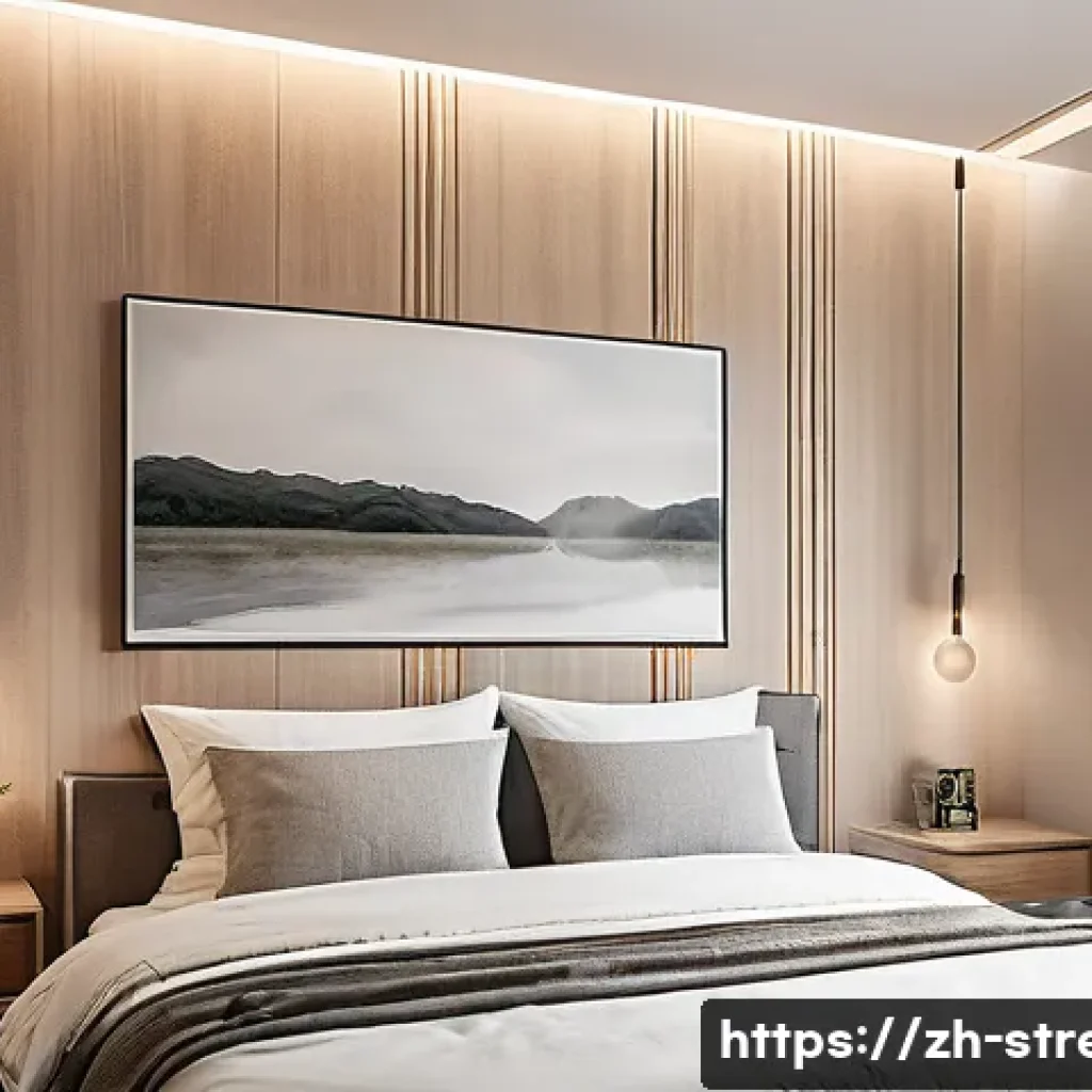 스트레스 해소를 위한 수면 개선법 - A modern minimalist bedroom scene designed for ideal sleep environment in a Chinese urban apartment:...