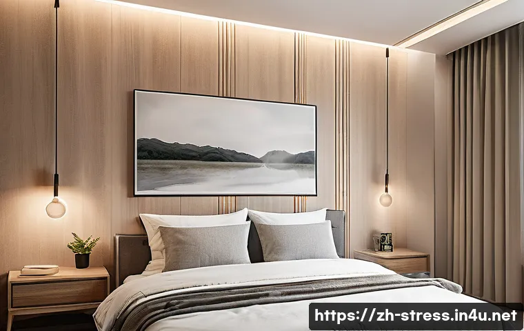 스트레스 해소를 위한 수면 개선법 - A modern minimalist bedroom scene designed for ideal sleep environment in a Chinese urban apartment:...