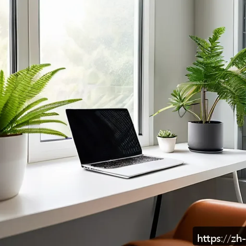 스트레스 해소를 위한 생활 리듬 맞추기 - A serene modern home office bathed in warm natural sunlight, featuring a tidy desk with a laptop, a ...