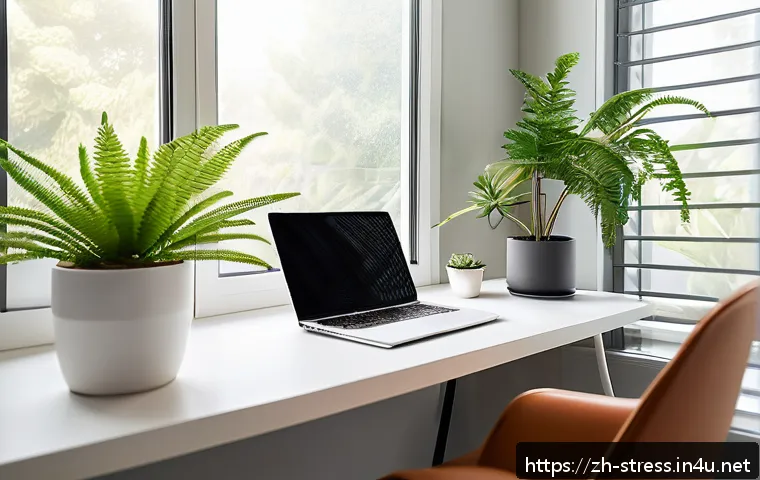 스트레스 해소를 위한 생활 리듬 맞추기 - A serene modern home office bathed in warm natural sunlight, featuring a tidy desk with a laptop, a ...
