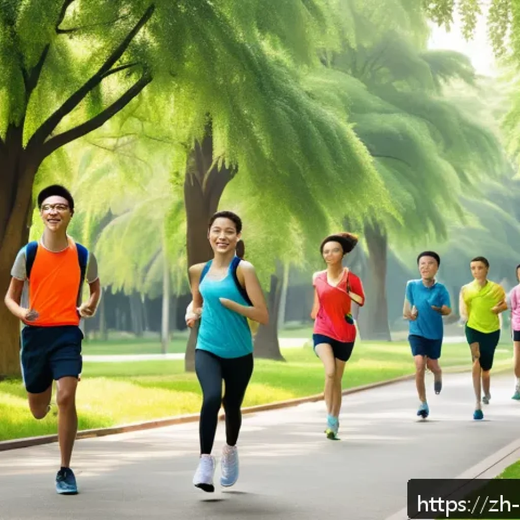 스트레스 해소를 위한 유산소 운동 - A vibrant outdoor scene showing a diverse group of young adults engaging in aerobic exercise such as...