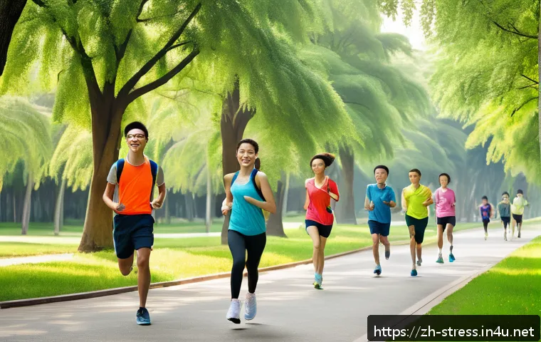 스트레스 해소를 위한 유산소 운동 - A vibrant outdoor scene showing a diverse group of young adults engaging in aerobic exercise such as...