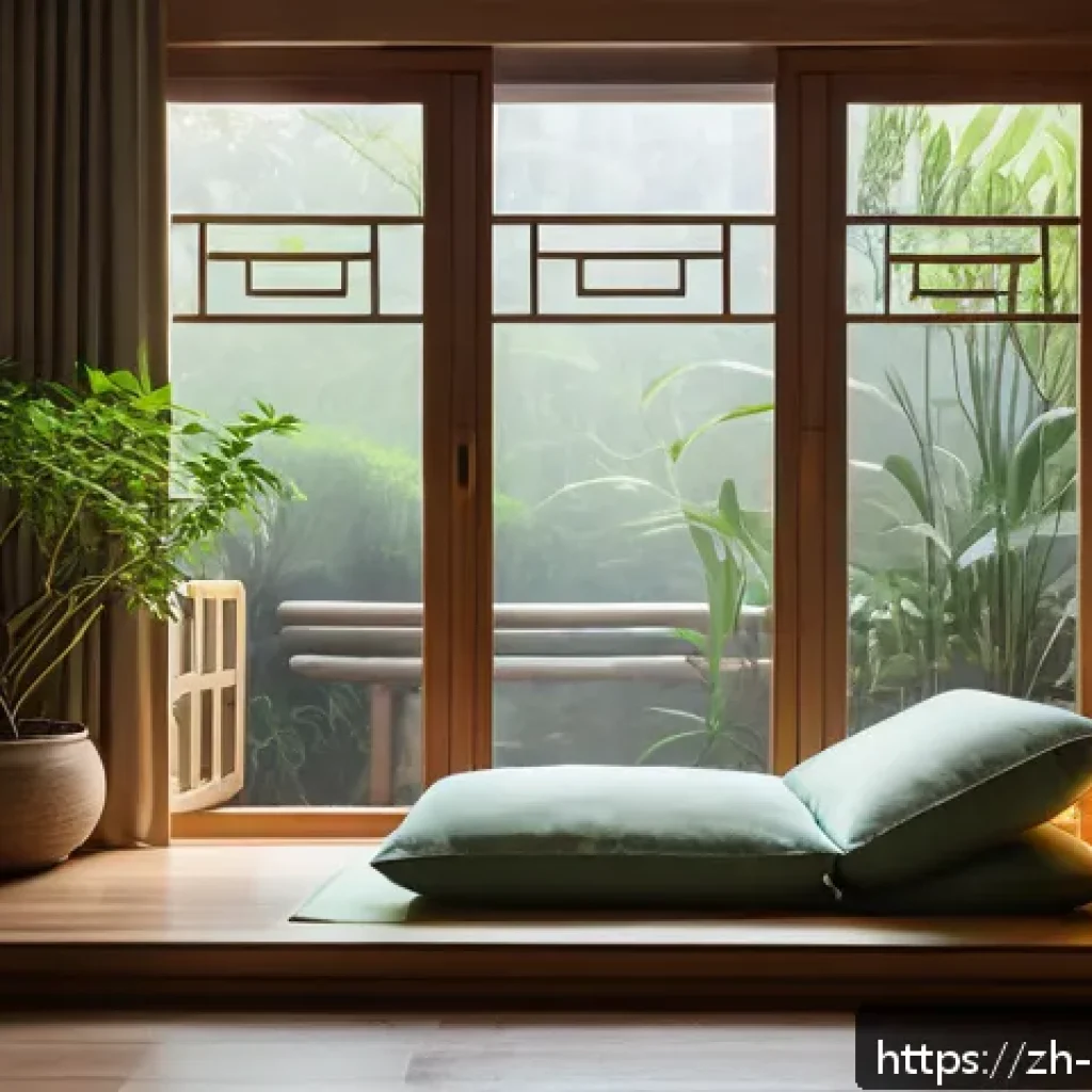스트레스 해소법 명상법 - A serene indoor meditation corner bathed in soft, warm lighting, featuring lush green plants and a c...