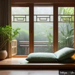 스트레스 해소법 명상법 - A serene indoor meditation corner bathed in soft, warm lighting, featuring lush green plants and a c...