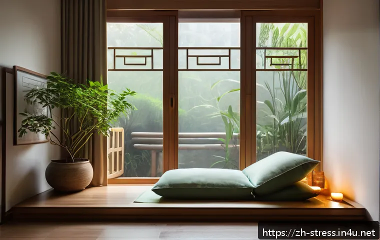 스트레스 해소법 명상법 - A serene indoor meditation corner bathed in soft, warm lighting, featuring lush green plants and a c...