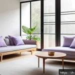 스트레스 해소법  스트레스를 받지 않는 환경 만들기 - A serene modern living room with minimalist decor, bright natural light streaming through large wind...
