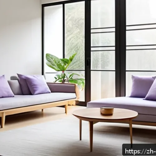 스트레스 해소법  스트레스를 받지 않는 환경 만들기 - A serene modern living room with minimalist decor, bright natural light streaming through large wind...