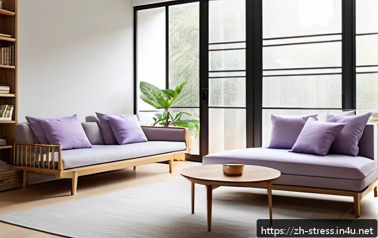 스트레스 해소법  스트레스를 받지 않는 환경 만들기 - A serene modern living room with minimalist decor, bright natural light streaming through large wind...