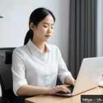 스트레스 해소법  깊은 호흡으로 스트레스 날리기 - A serene modern office scene featuring a young East Asian woman sitting comfortably in an ergonomic ...