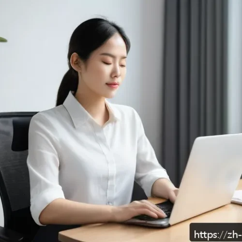스트레스 해소법  깊은 호흡으로 스트레스 날리기 - A serene modern office scene featuring a young East Asian woman sitting comfortably in an ergonomic ...