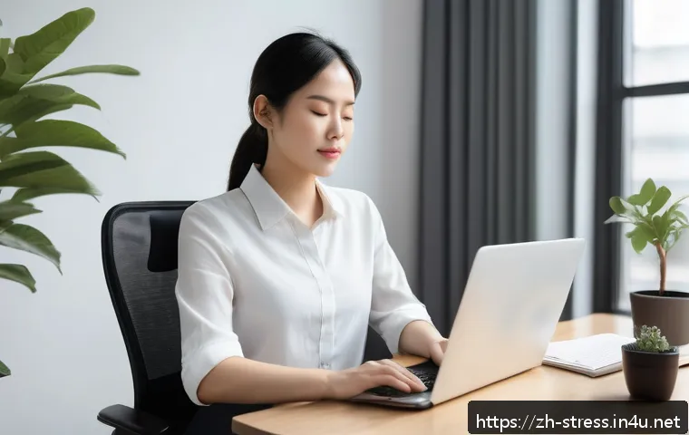 스트레스 해소법  깊은 호흡으로 스트레스 날리기 - A serene modern office scene featuring a young East Asian woman sitting comfortably in an ergonomic ...