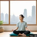 스트레스 해소를 위한 종합적인 방법 - A serene urban apartment interior in modern Chinese style, featuring a young adult practicing the &ldquo;4...