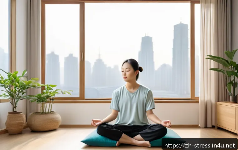 스트레스 해소를 위한 종합적인 방법 - A serene urban apartment interior in modern Chinese style, featuring a young adult practicing the &ldquo;4...