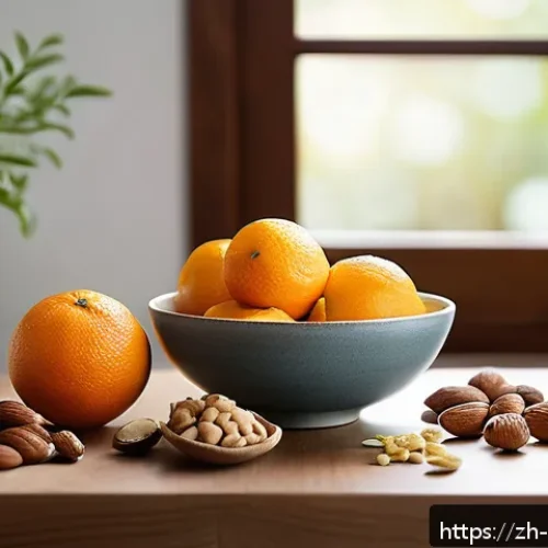 스트레스 해소 음식 - A cozy modern kitchen scene featuring a wooden table set with a small bowl of assorted nuts includin...