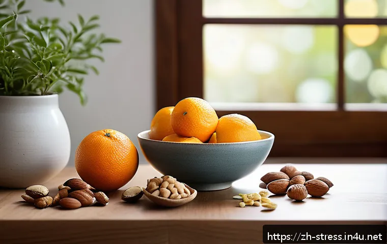 스트레스 해소 음식 - A cozy modern kitchen scene featuring a wooden table set with a small bowl of assorted nuts includin...