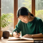 스트레스 해소를 위한 긍정적 사고 훈련 - A serene modern workspace scene featuring a person writing in a gratitude journal at a wooden desk b...