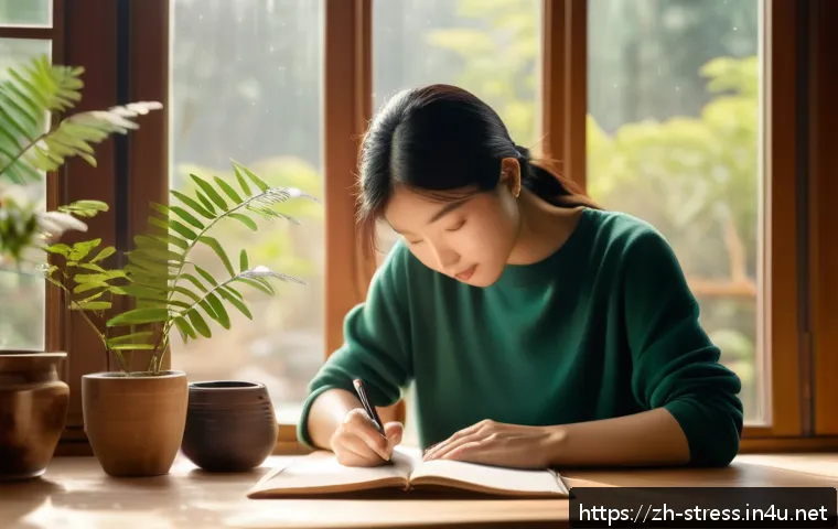 스트레스 해소를 위한 긍정적 사고 훈련 - A serene modern workspace scene featuring a person writing in a gratitude journal at a wooden desk b...